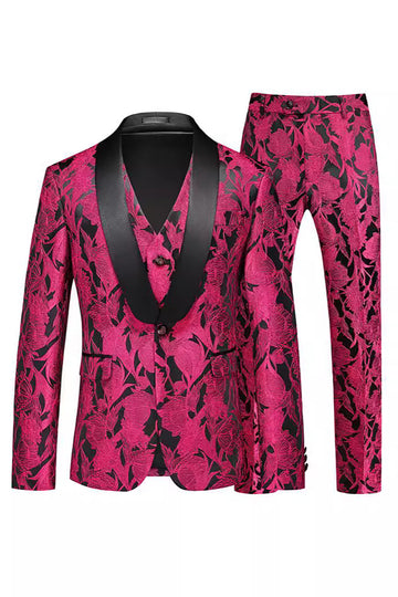 Jacquard Fuchsia 3 Pieces Shawl Lapel Men's Suits